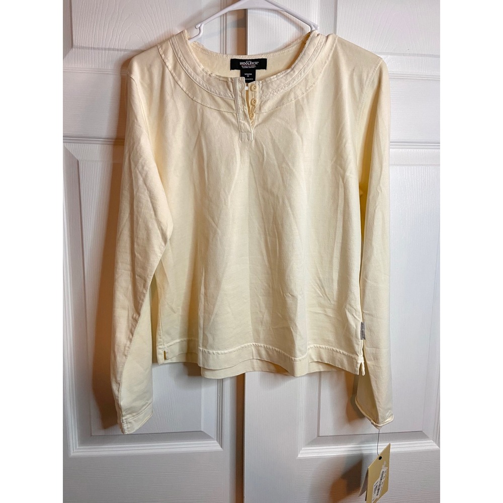 Woolrich Womens Cream Ivory Long Sleeve Henley Top Raw Edge Detail Size M NWT